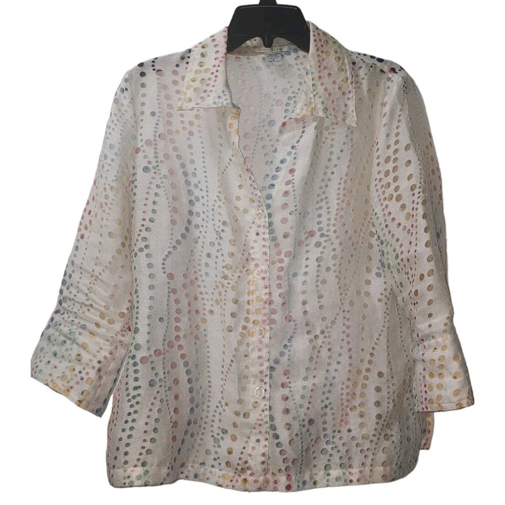 Erin London Colorful Dot Print Button Down 3/4 Sleeve Blouse Top Size M‎